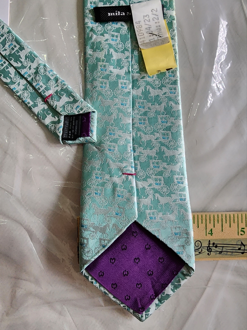 Mila Schon Designer Logo Necktie Light Aqua Horse & Carriage Rare Vtg Men Tie
